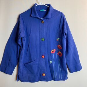Two Lips Originals Artist Signed Art-to-Wear 4-Button Blue Jacket Size L